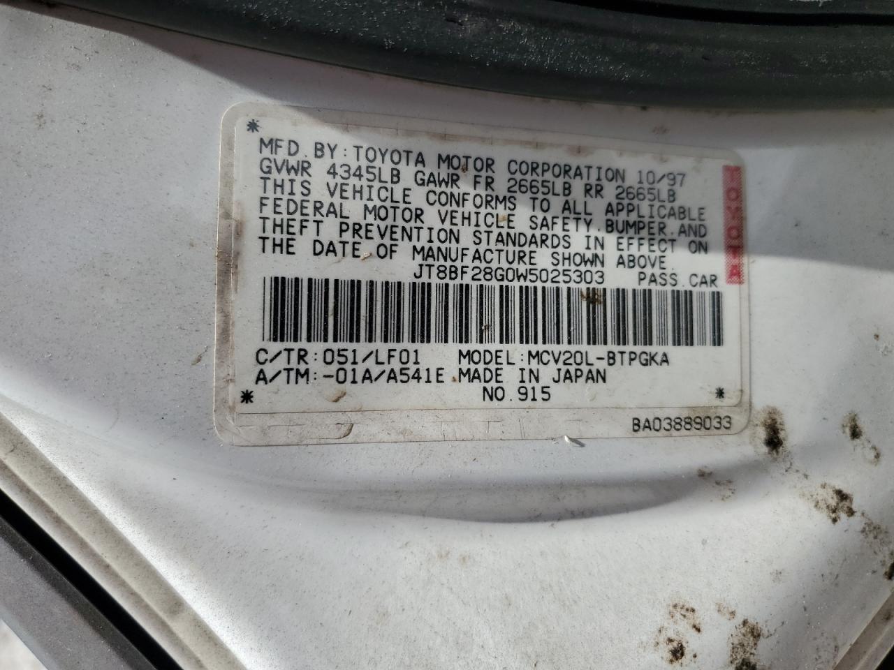 1998 Lexus Es 300 VIN: JT8BF28G0W5025303 Lot: 51935215