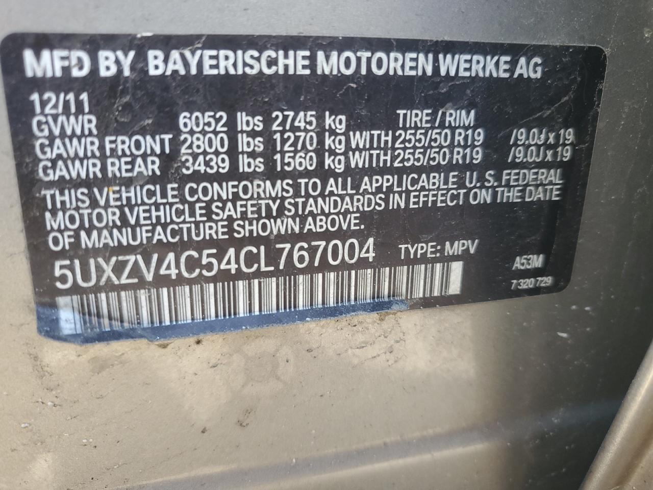 2012 BMW X5 xDrive35I VIN: 5UXZV4C54CL767004 Lot: 54917245