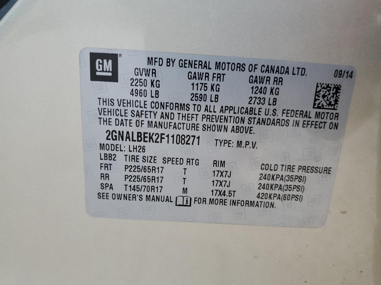 2015 Chevrolet Equinox Lt VIN: 2GNALBEK2F1108271 Lot: 55154095