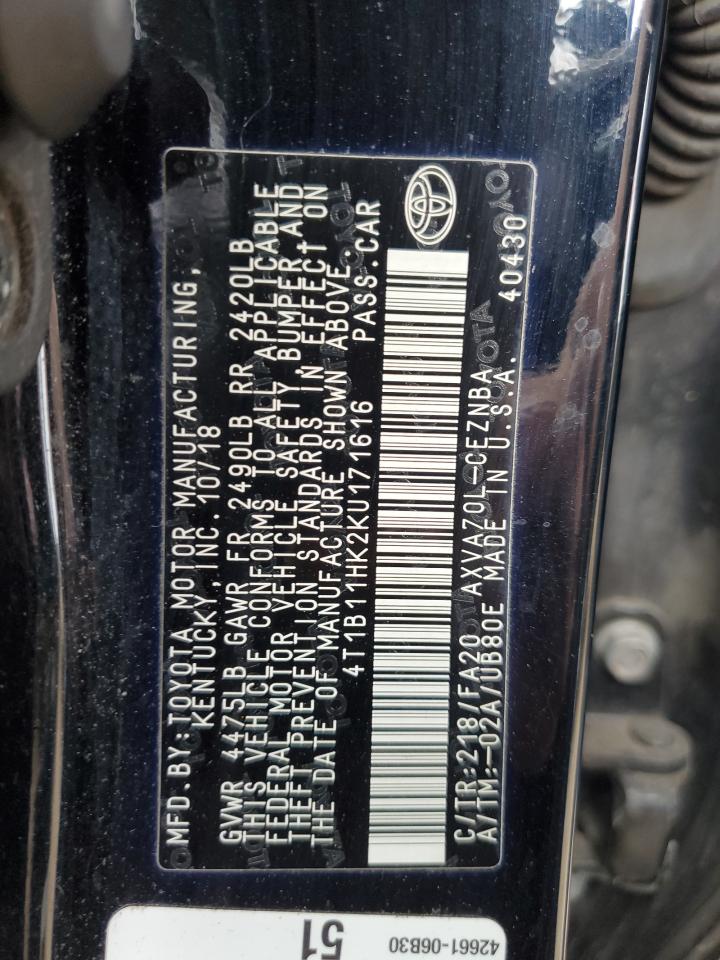 4T1B11HK2KU171616 TOYOTA CAMRY 2019
