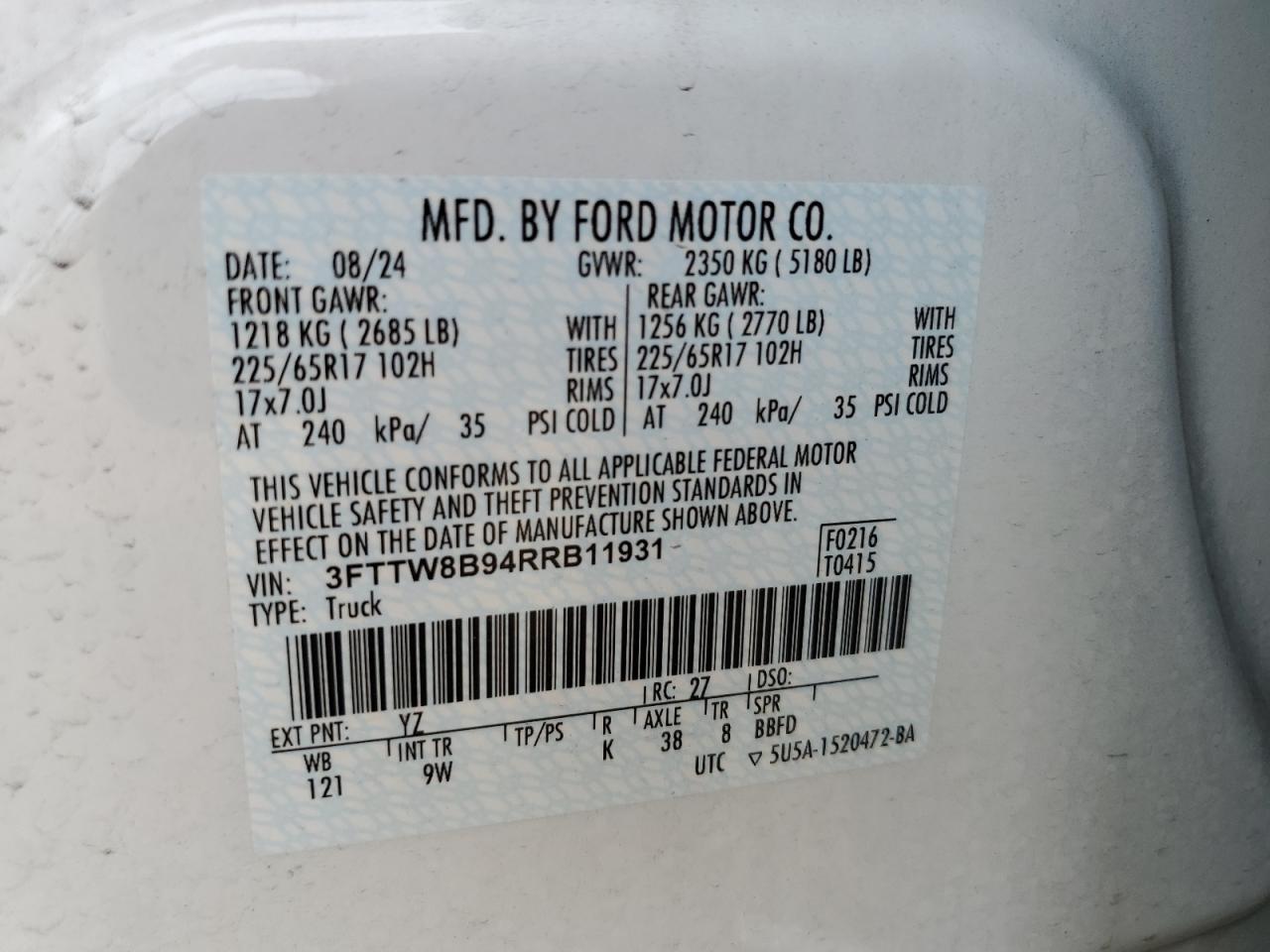 3FTTW8B94RRB11931 FORD MAVERICK 2024