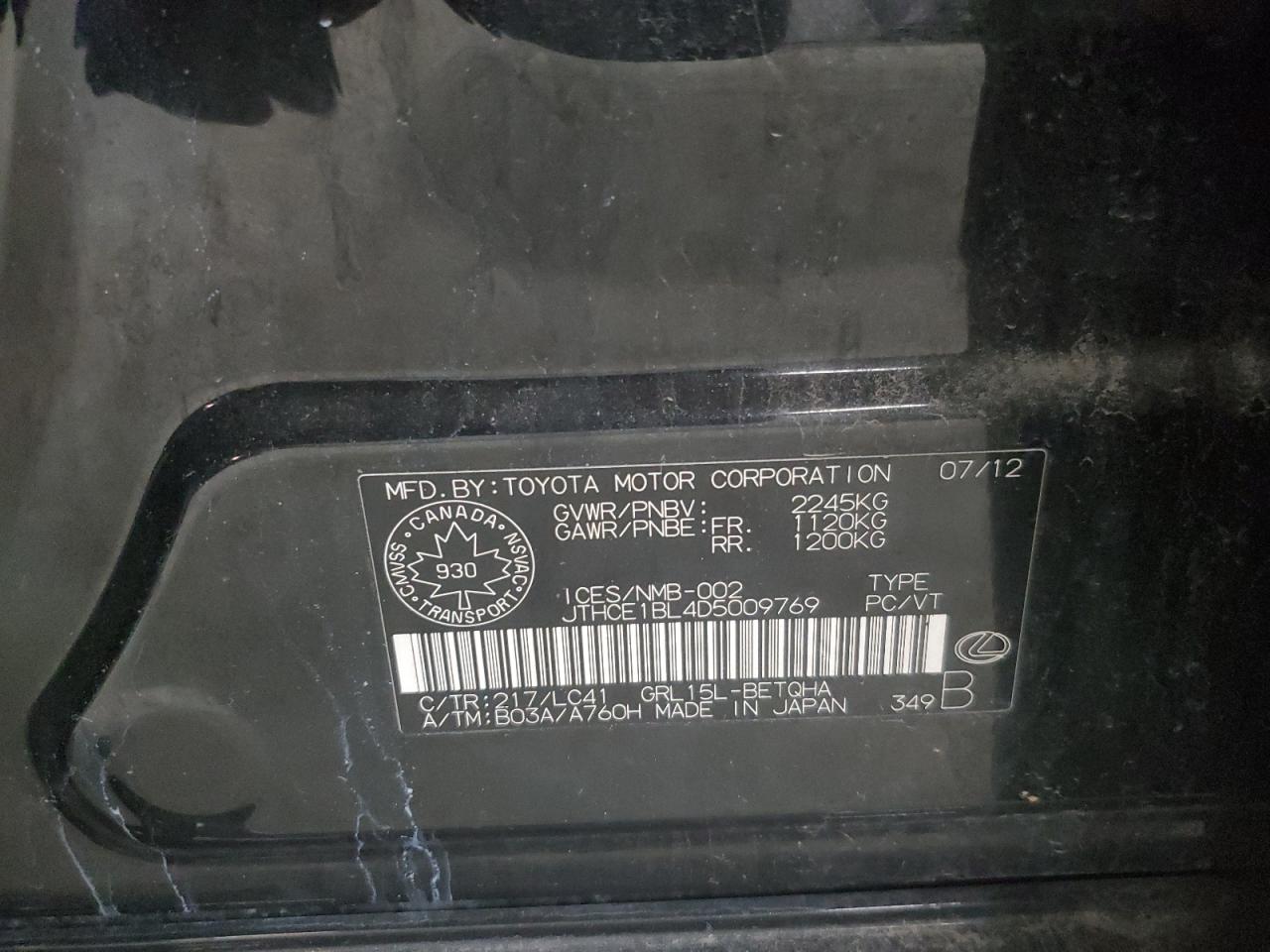 2013 Lexus Gs 350 VIN: JTHCE1BL4D5009769 Lot: 54616065