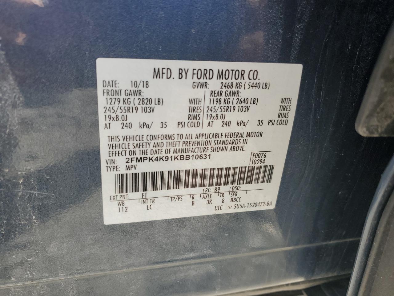 2FMPK4K91KBB10631 FORD EDGE 2019