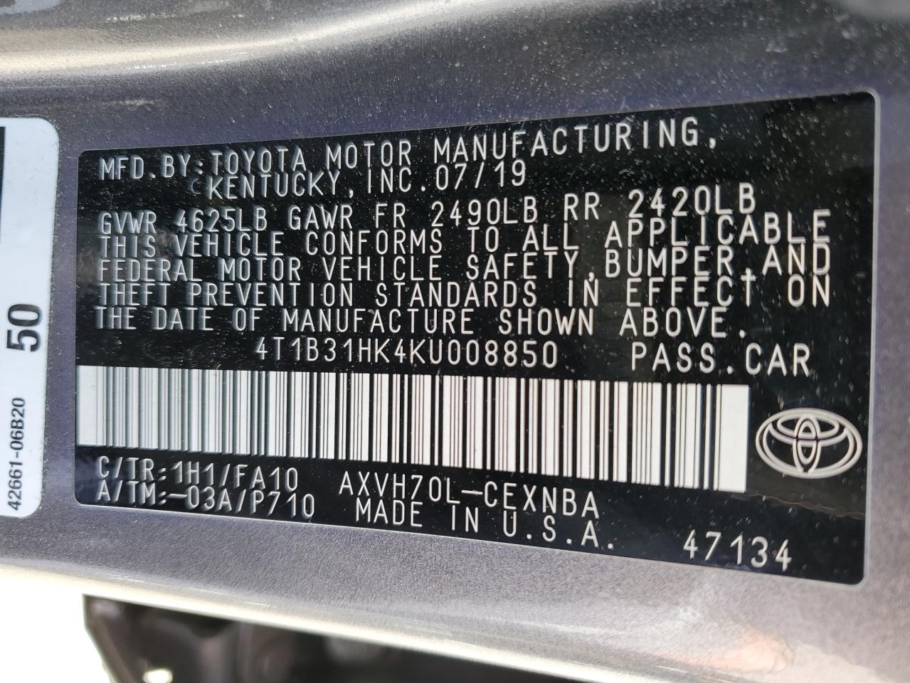 4T1B31HK4KU008850 TOYOTA CAMRY 2019