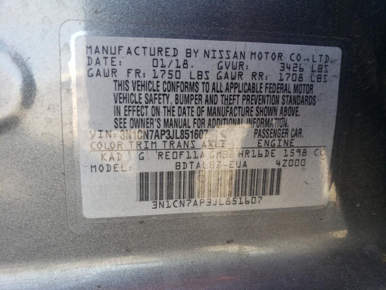 3N1CN7AP3JL851607 NISSAN VERSA 2018