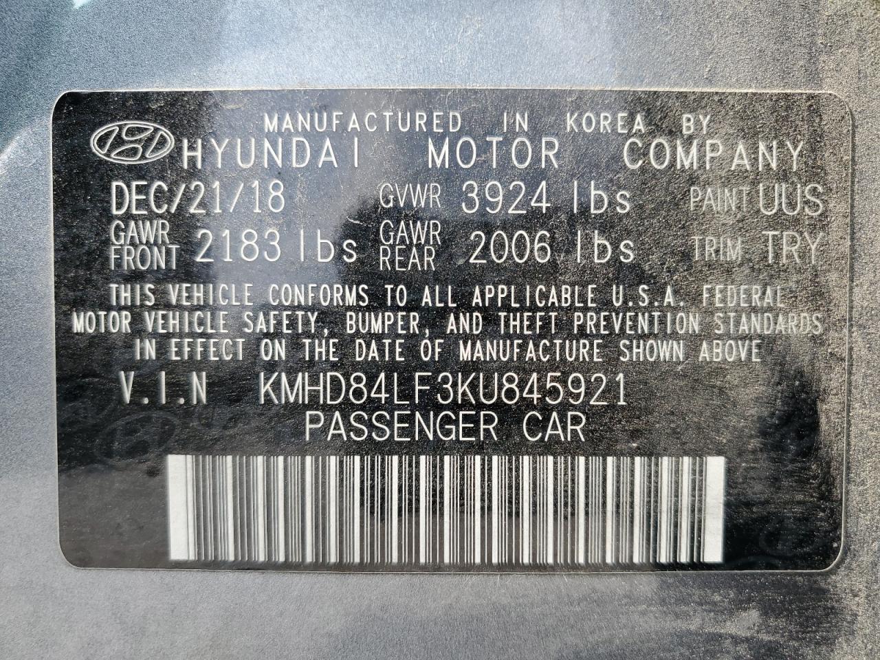2019 Hyundai Elantra Sel VIN: KMHD84LF3KU845921 Lot: 54734115