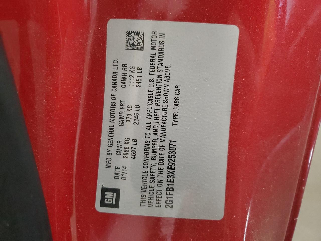 2014 Chevrolet Camaro Lt VIN: 2G1FB1E3XE9253071 Lot: 53889845