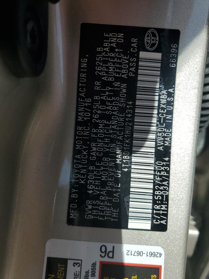 4T1BD1FK1HU214314 TOYOTA CAMRY 2017