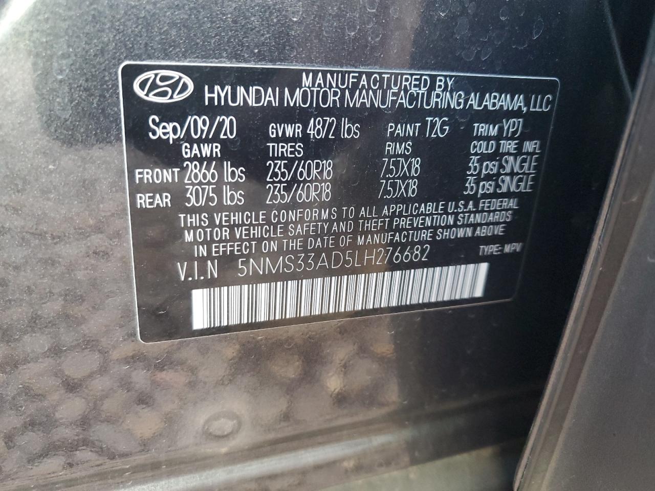 2020 Hyundai Santa Fe Sel VIN: 5NMS33AD5LH276682 Lot: 51382465