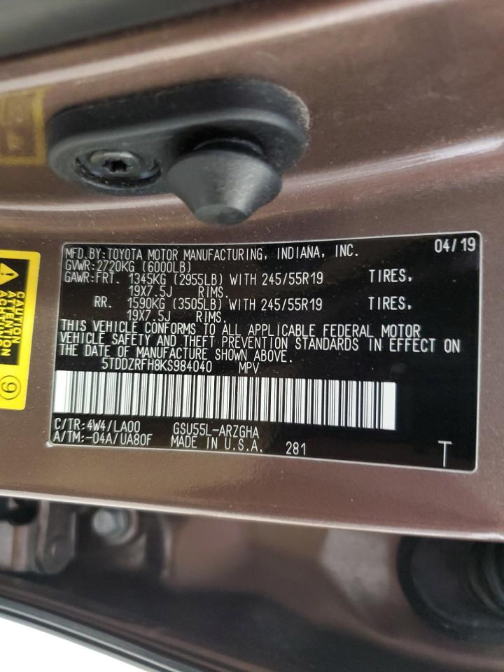 5TDDZRFH8KS984040 TOYOTA HIGHLANDER 2019