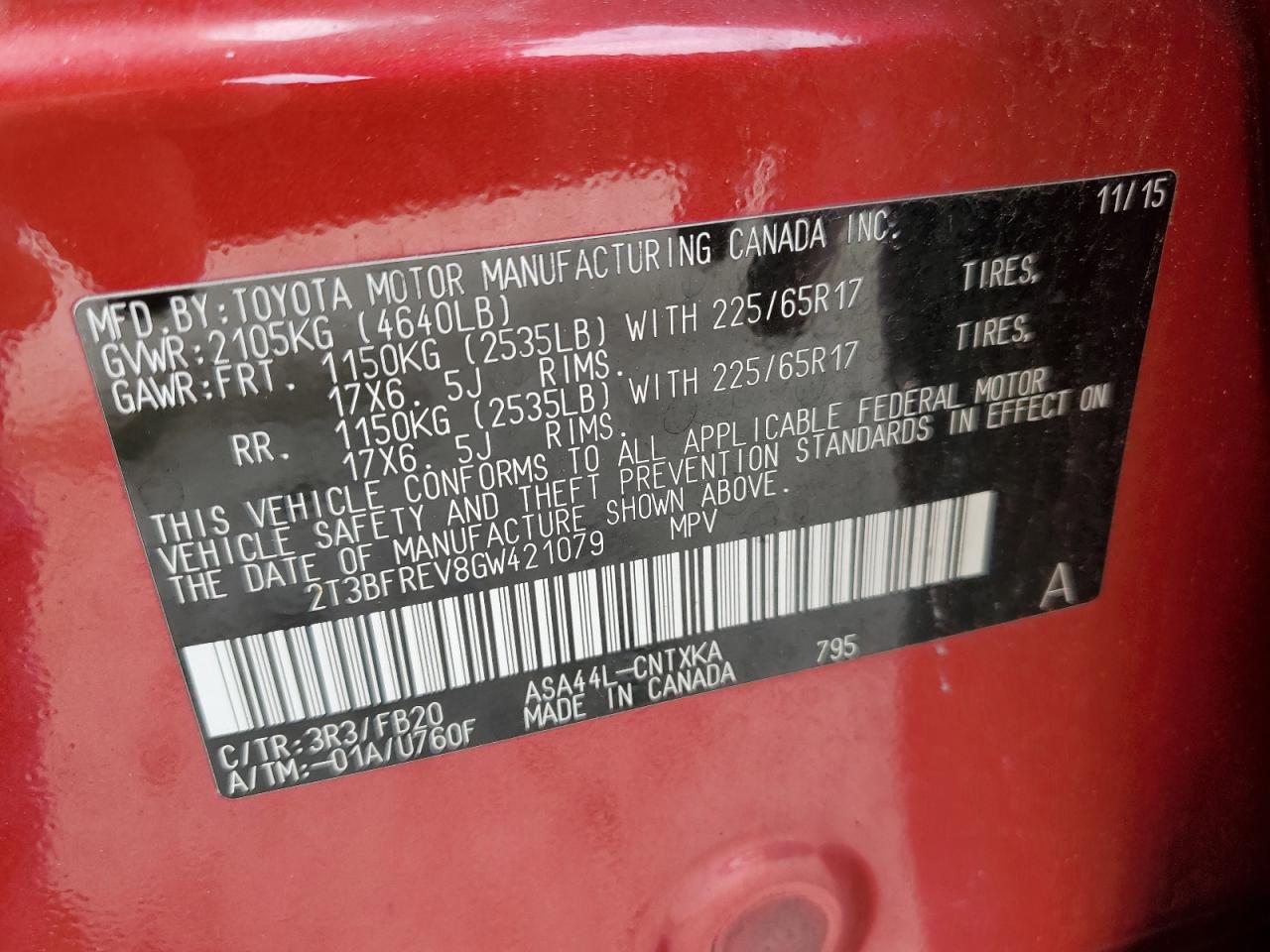 2T3BFREV8GW421079 TOYOTA RAV4 2016