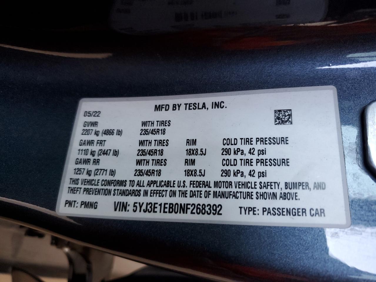 2022 Tesla Model 3 VIN: 5YJ3E1EB0NF268392 Lot: 55049145