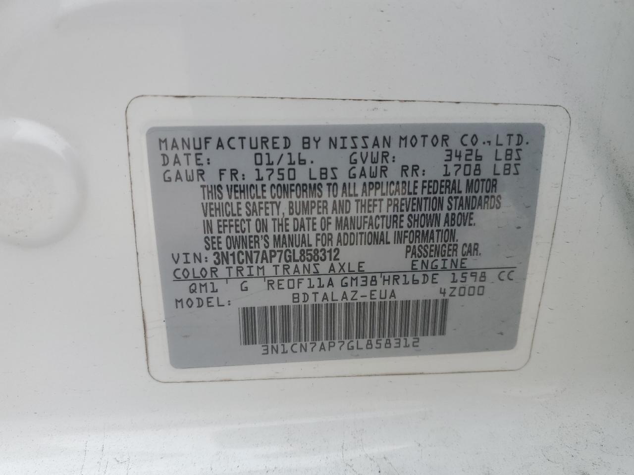 3N1CN7AP7GL858312 NISSAN VERSA 2016