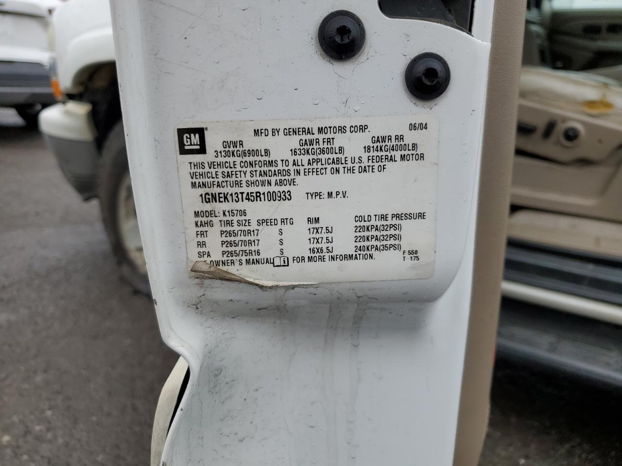 2005 Chevrolet Tahoe K1500 VIN: 1GNEK13T45R100933 Lot: 52799485