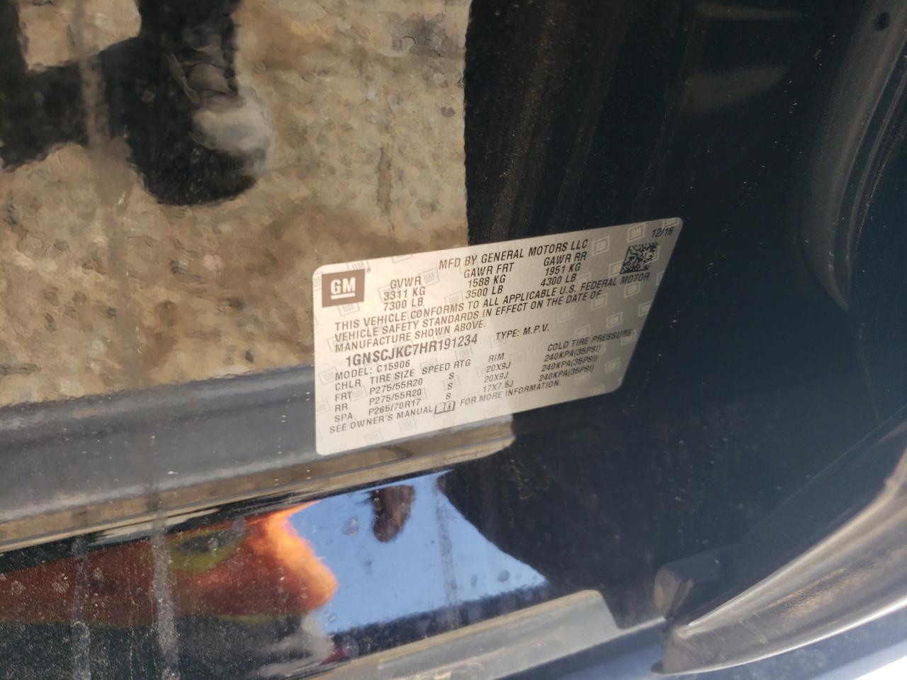 2017 Chevrolet Suburban C1500 Premier VIN: 1GNSCJKC7HR191234 Lot: 52885495