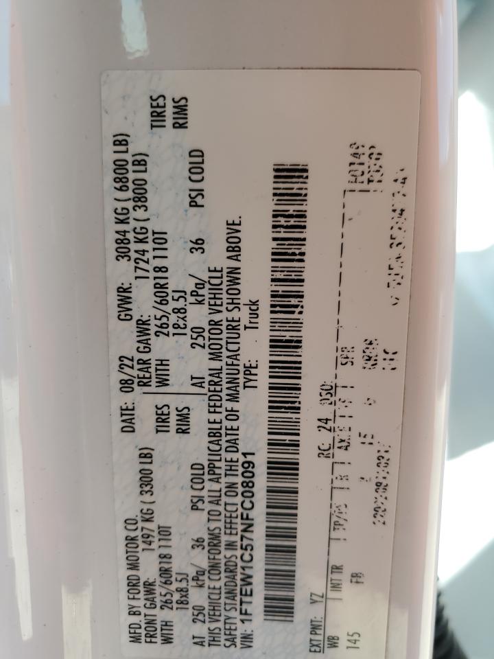 2022 Ford F150 Supercrew VIN: 1FTEW1C57NFC08091 Lot: 54868445