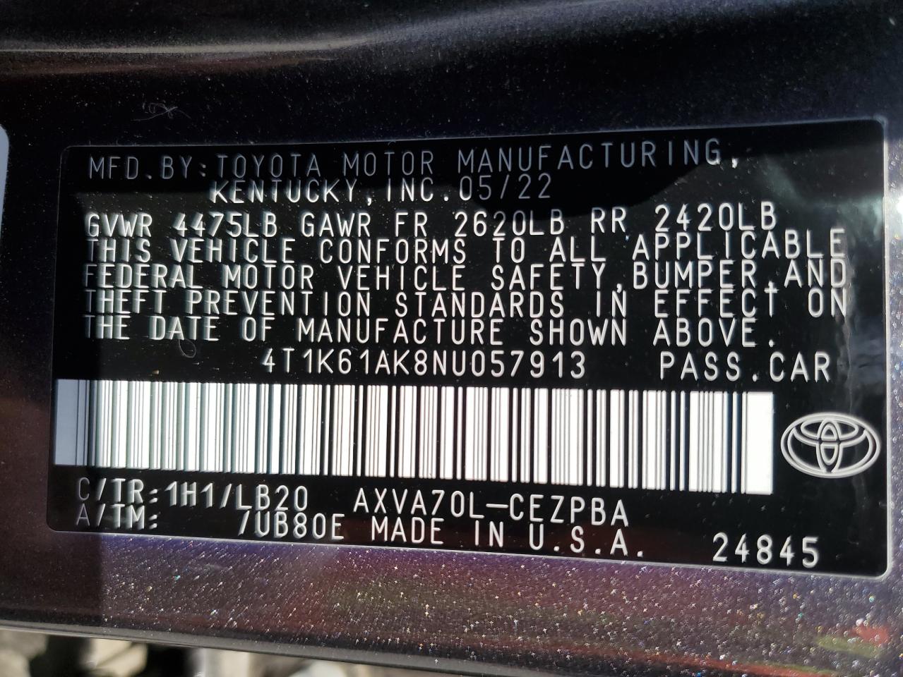 2022 Toyota Camry Xse VIN: 4T1K61AK8NU057913 Lot: 54975015