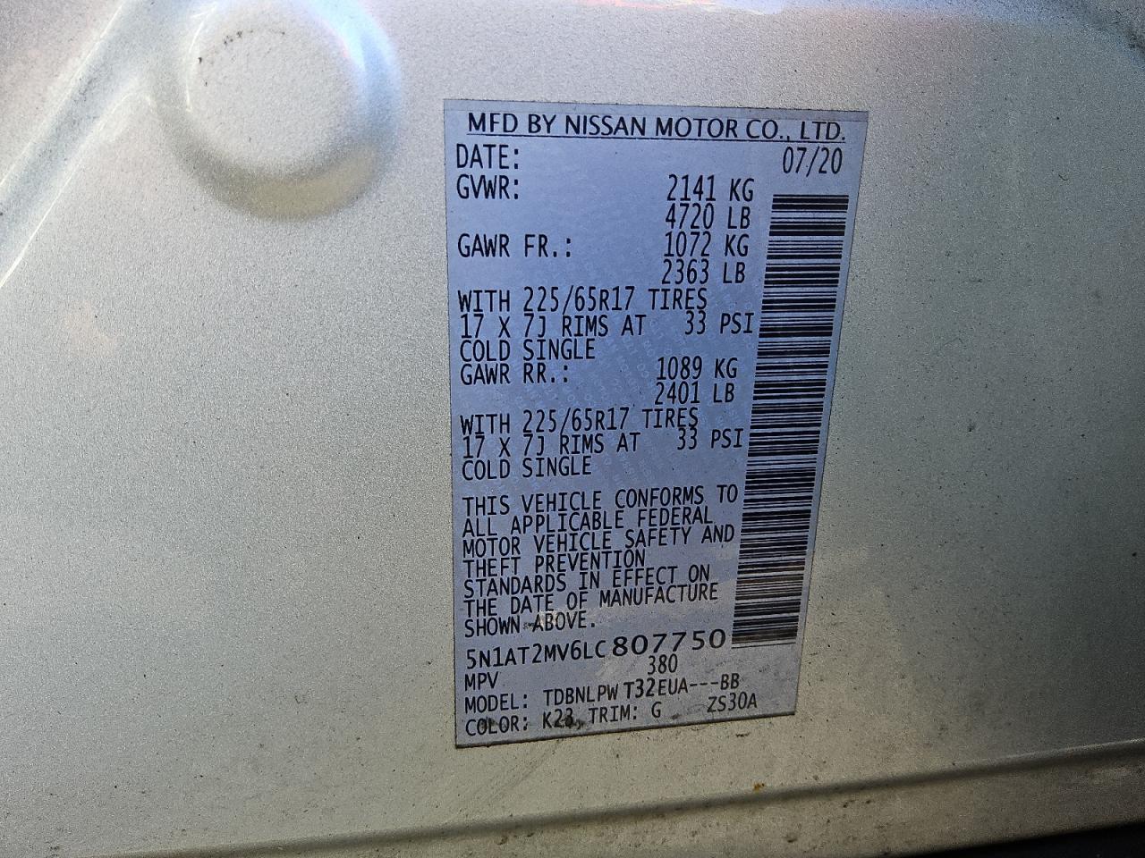 5N1AT2MV6LC807750 NISSAN ROGUE 2020