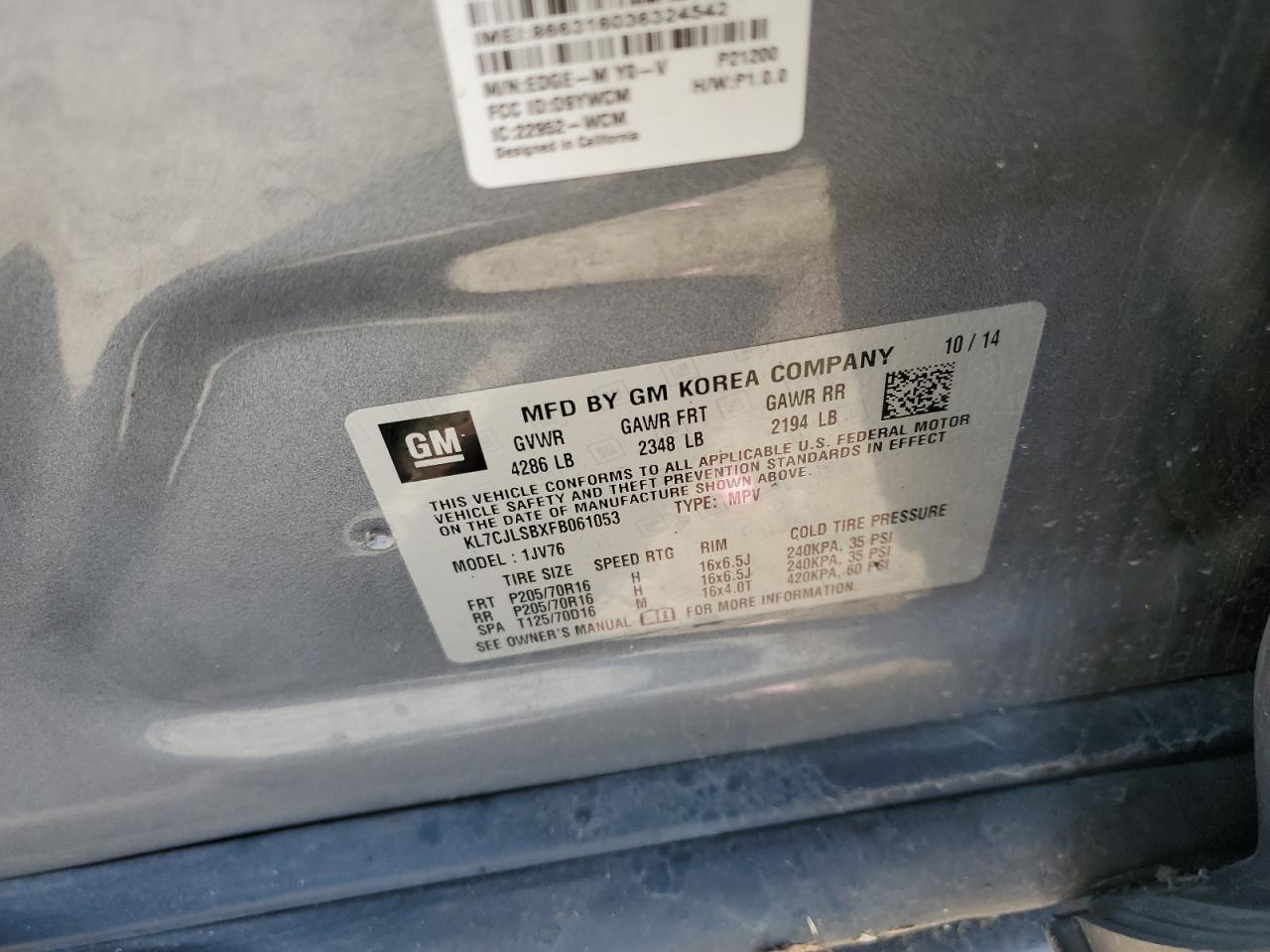 2015 Chevrolet Trax 1Lt VIN: KL7CJLSBXFB061053 Lot: 52863235