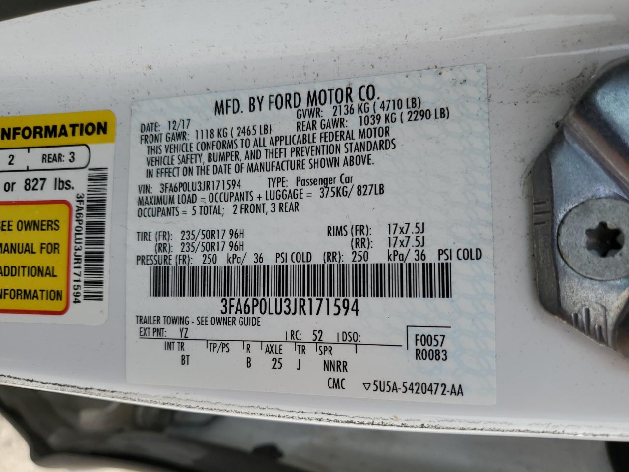 2018 Ford Fusion Se Hybrid VIN: 3FA6P0LU3JR171594 Lot: 54036385