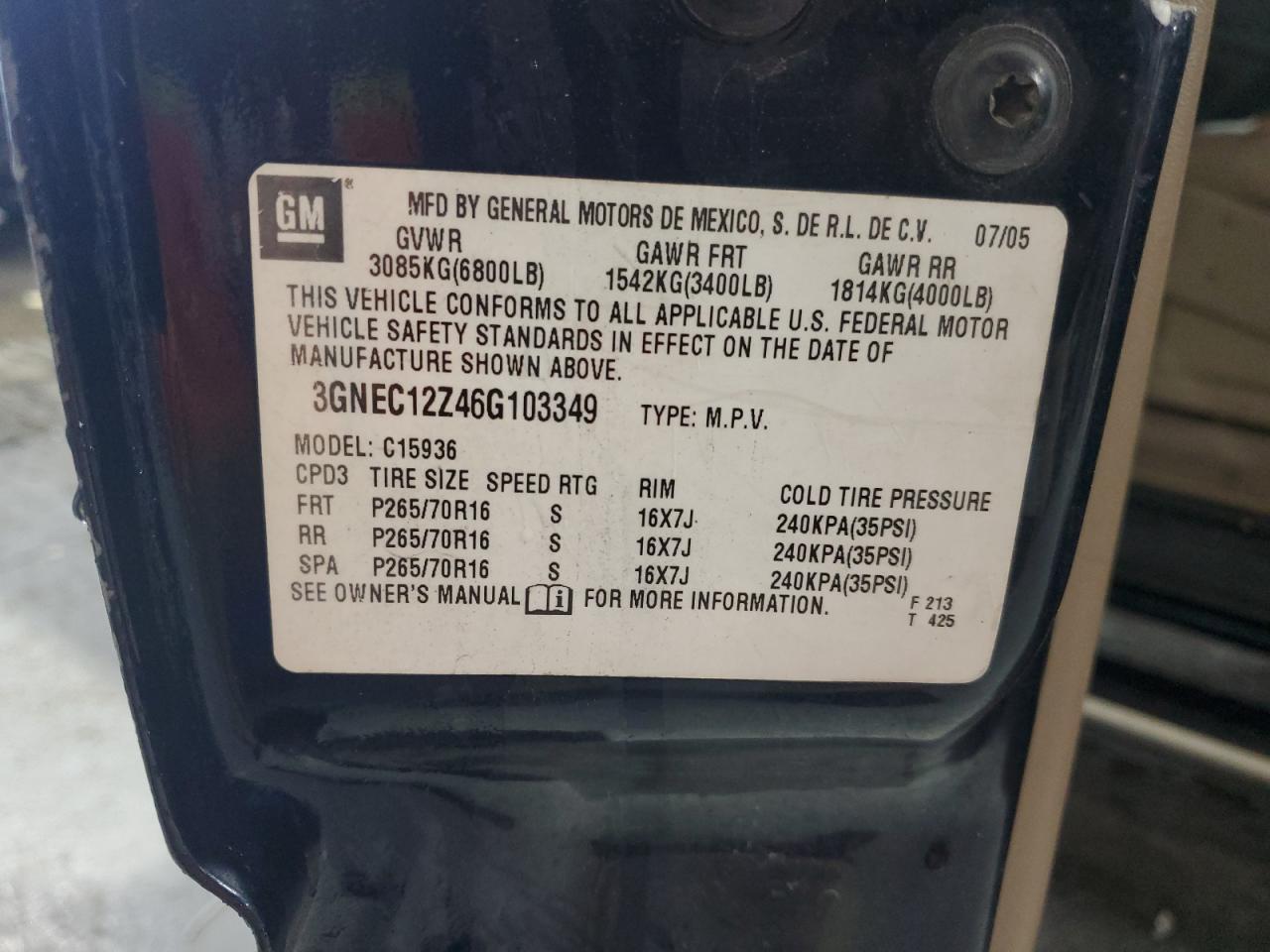 2006 Chevrolet Avalanche C1500 VIN: 3GNEC12Z46G103349 Lot: 54085805