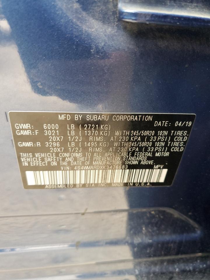 2019 Subaru Ascent Touring VIN: 4S4WMARDXK3476683 Lot: 53040845