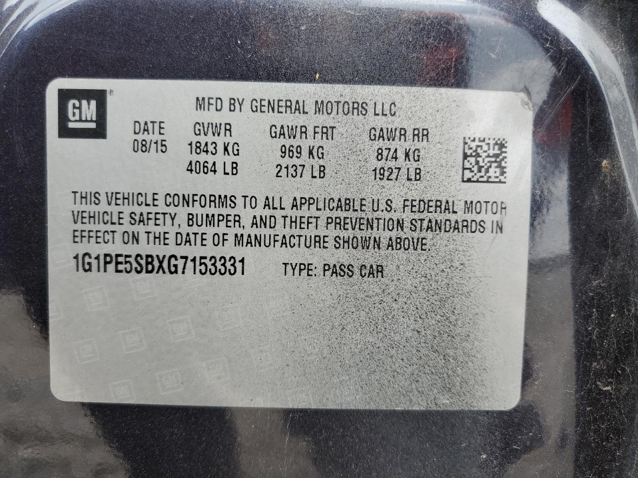 1G1PE5SBXG7153331 CHEVROLET CRUZE 2016