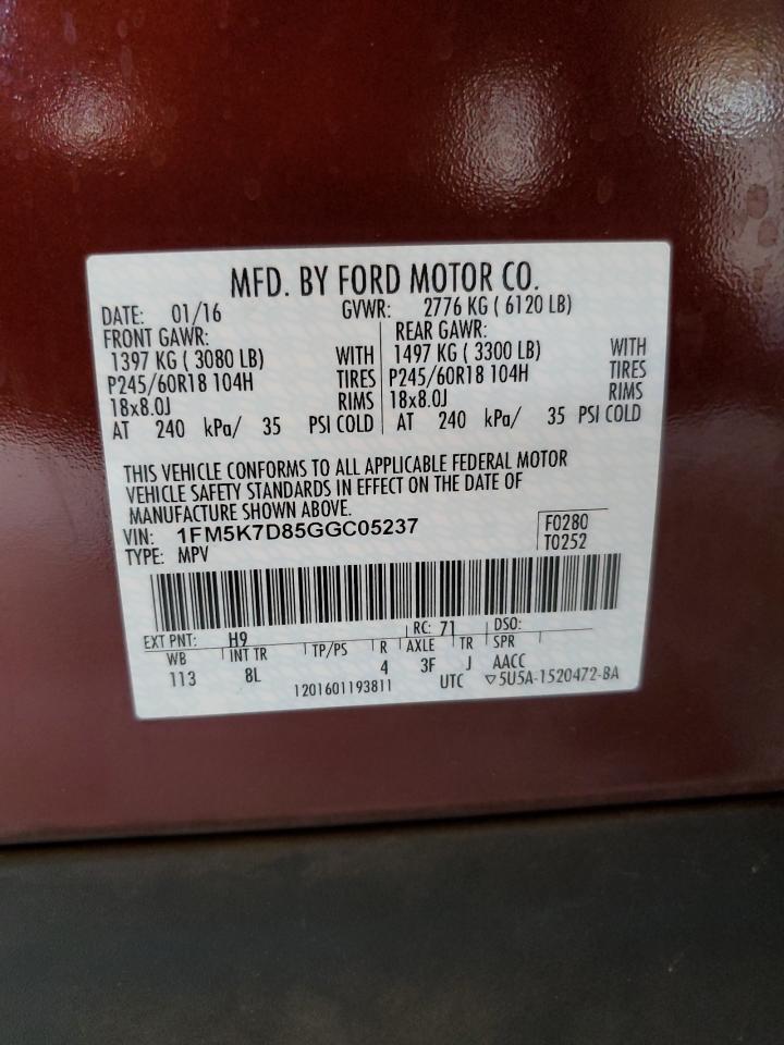 1FM5K7D85GGC05237 FORD EXPLORER 2016
