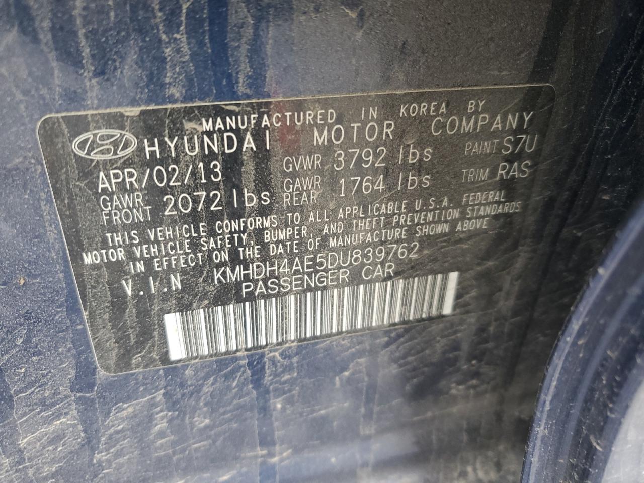 2013 Hyundai Elantra Gls VIN: KMHDH4AE5DU839762 Lot: 52182655