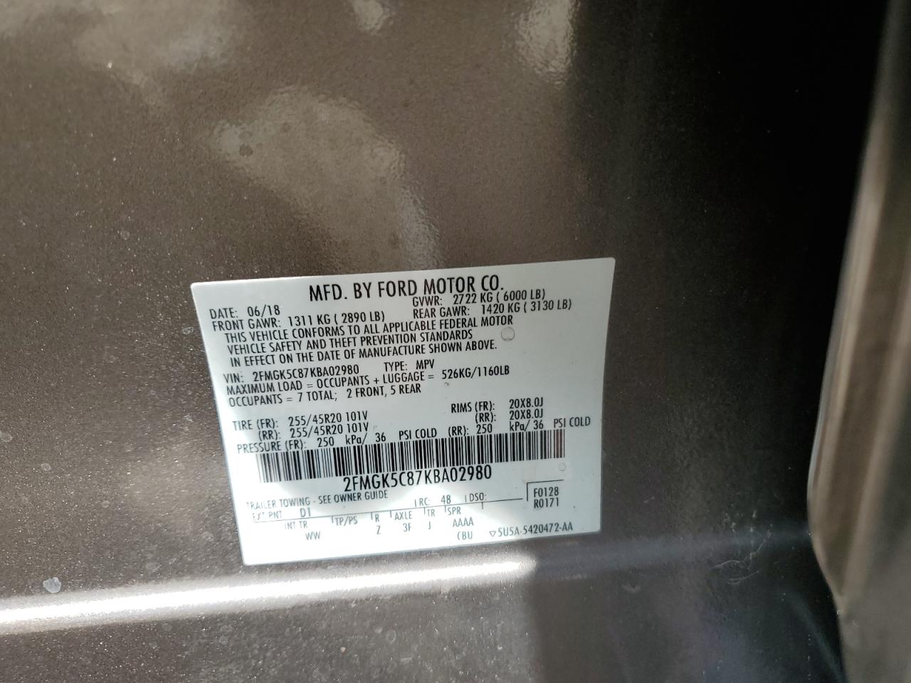 2FMGK5C87KBA02980 FORD FLEX 2019