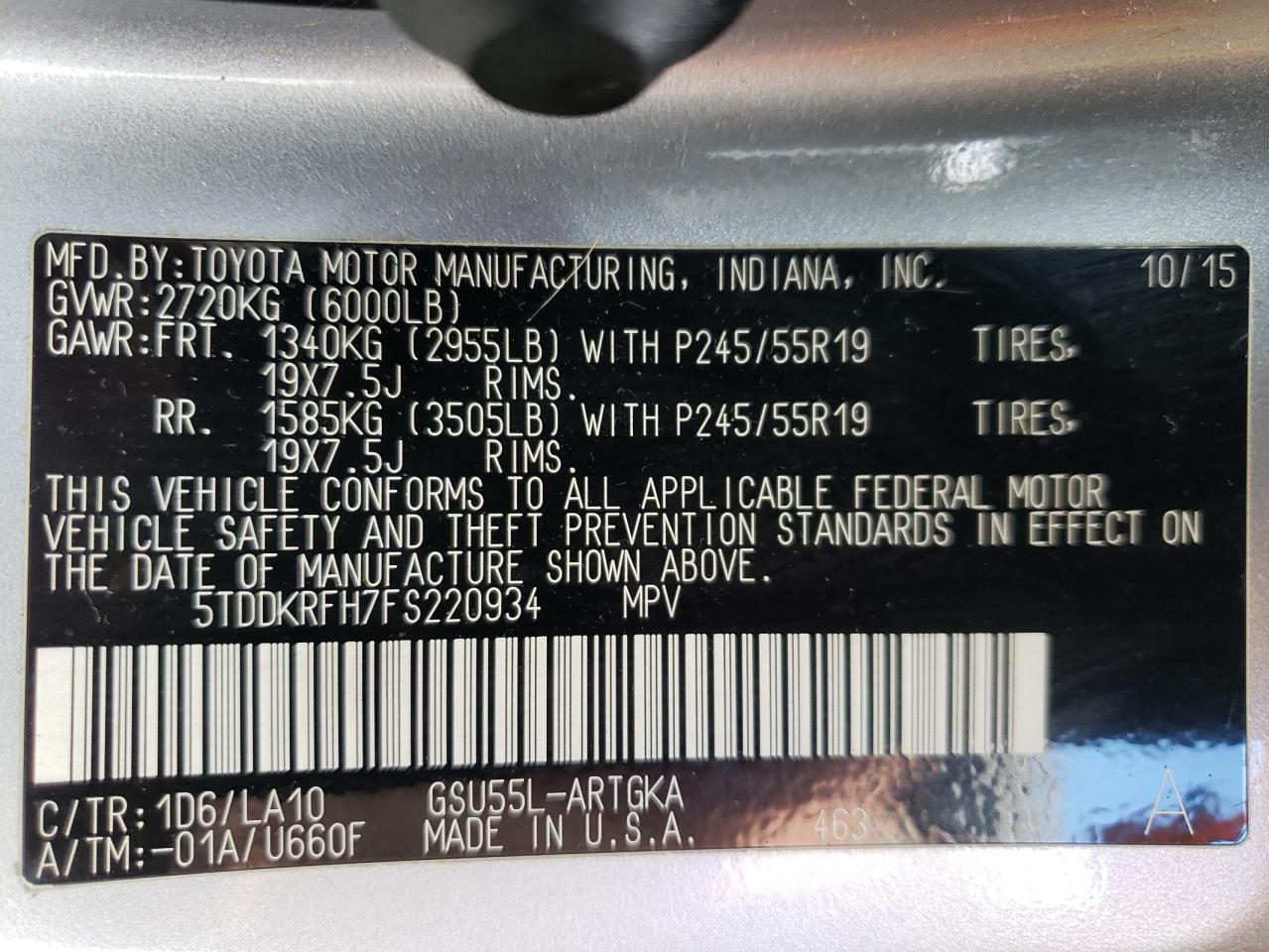 2015 Toyota Highlander Limited VIN: 5TDDKRFH7FS220934 Lot: 55126425