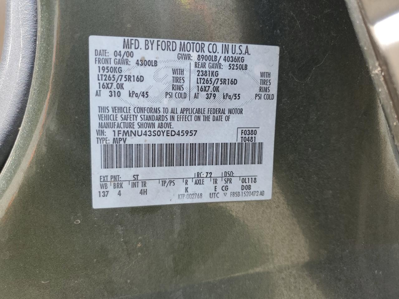 2000 Ford Excursion Limited VIN: 1FMNU43S0YED45957 Lot: 54367875