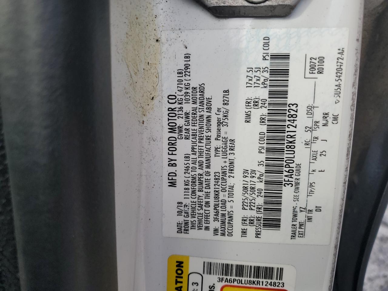 2019 Ford Fusion Se VIN: 3FA6P0LU8KR124823 Lot: 54031825