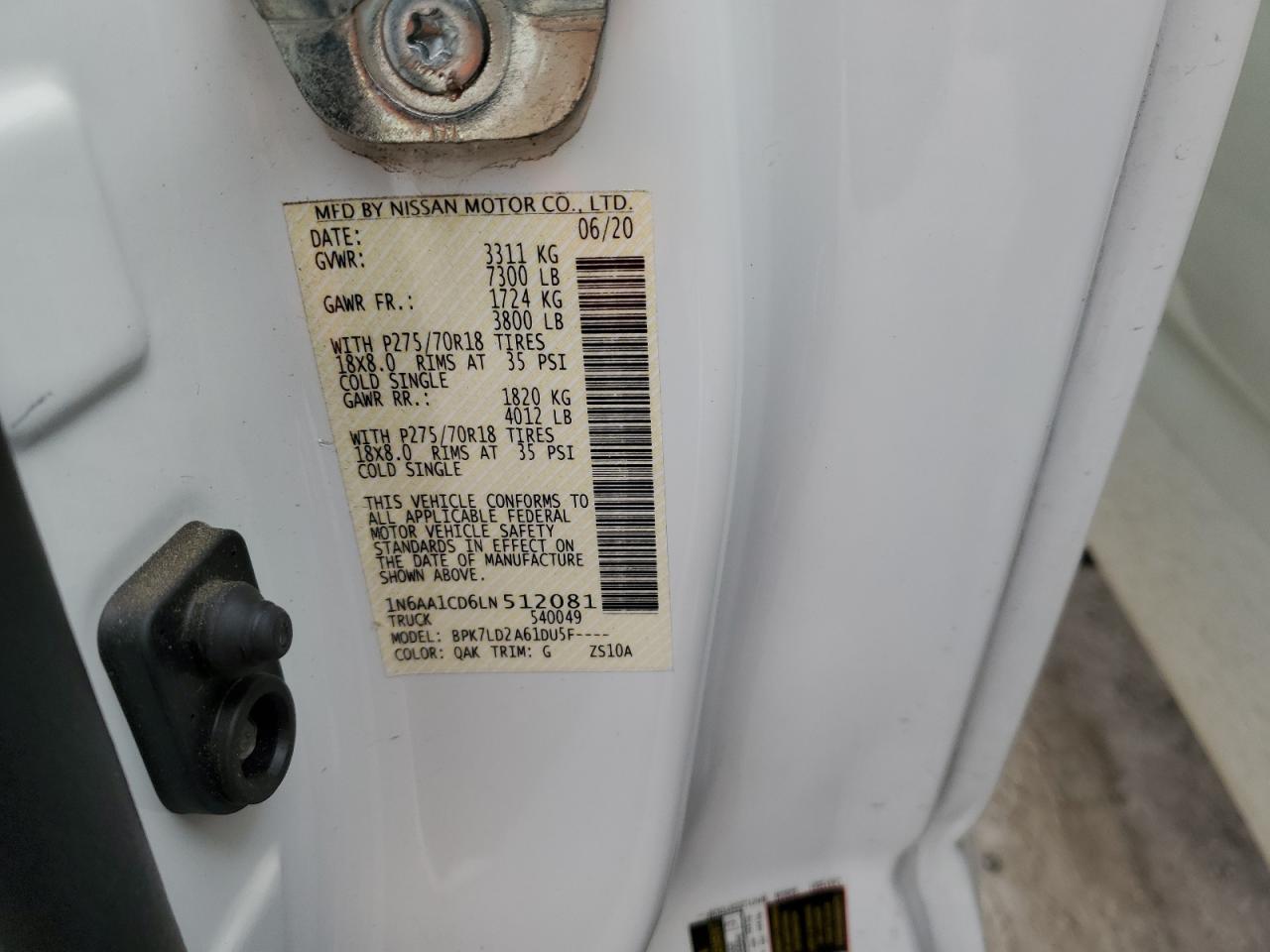 2020 Nissan Titan Sv VIN: 1N6AA1CD6LN512081 Lot: 53171535