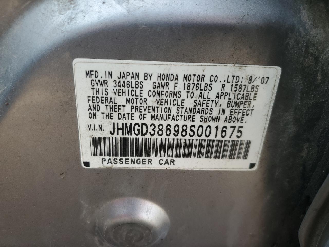 2008 Honda Fit Sport VIN: JHMGD38698S001675 Lot: 53555825
