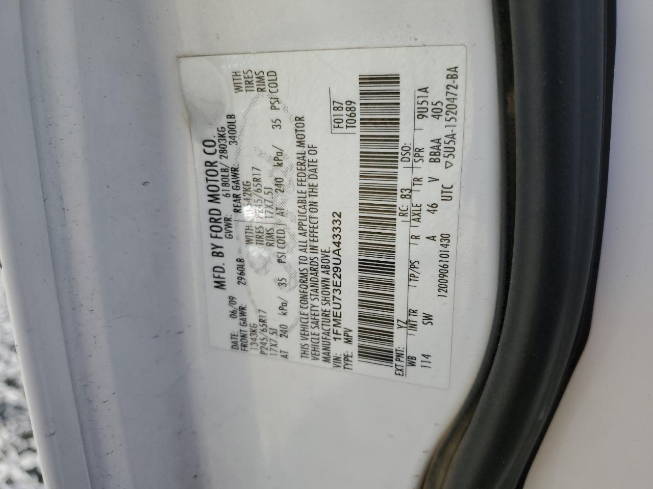 2009 Ford Explorer Xlt VIN: 1FMEU73E29UA43332 Lot: 52032425