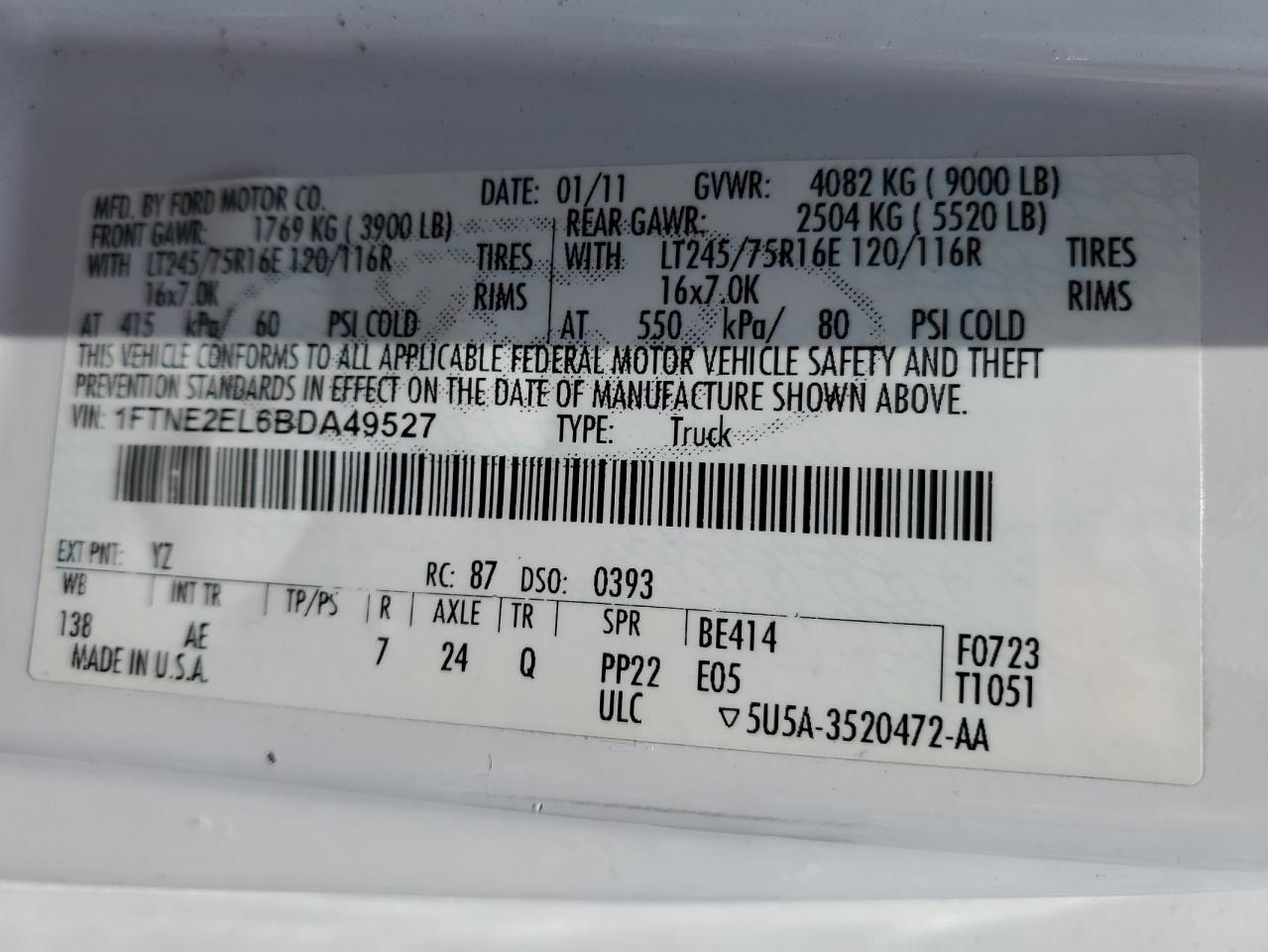 2011 Ford Econoline E250 Van VIN: 1FTNE2EL6BDA49527 Lot: 54370855