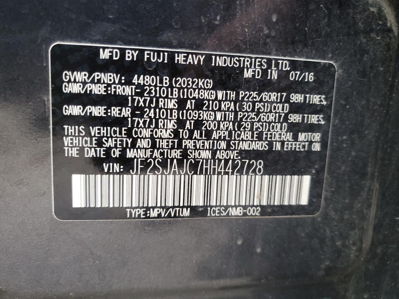 2017 Subaru Forester 2.5I Limited VIN: JF2SJAJC7HH442728 Lot: 54950185