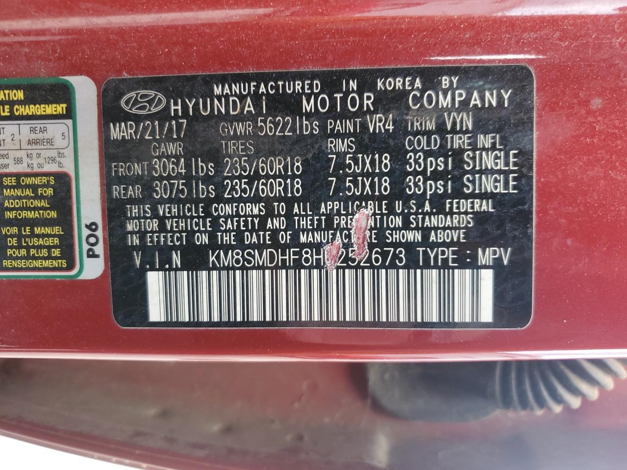 2017 Hyundai Santa Fe Se VIN: KM8SMDHF8HU252673 Lot: 54665045