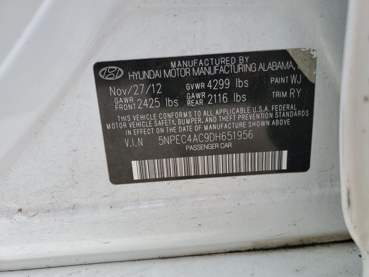 2013 Hyundai Sonata Se VIN: 5NPEC4AC9DH651956 Lot: 54067175