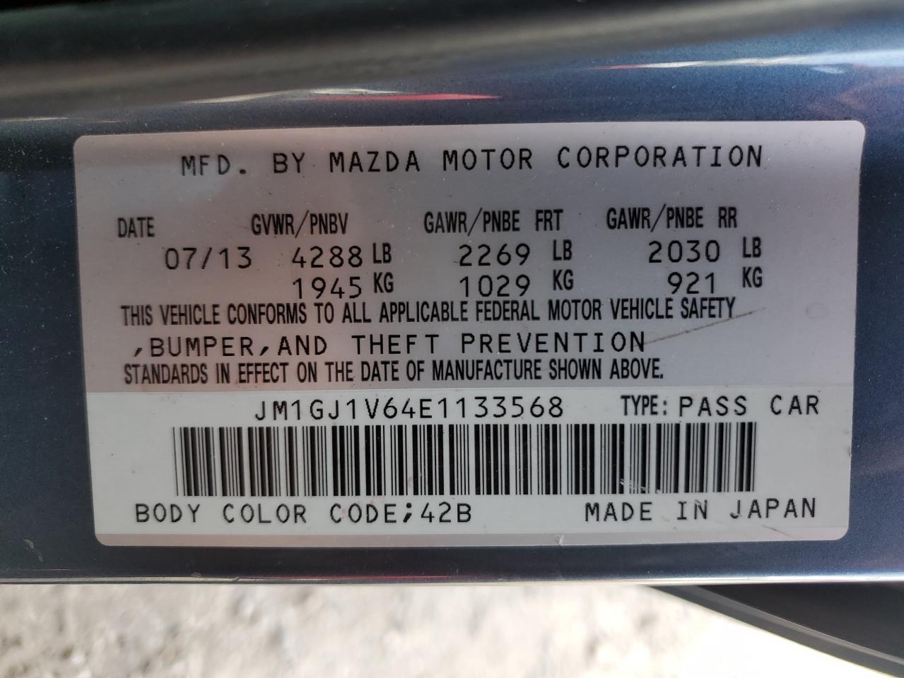 2014 Mazda 6 Touring VIN: JM1GJ1V64E1133568 Lot: 52949755