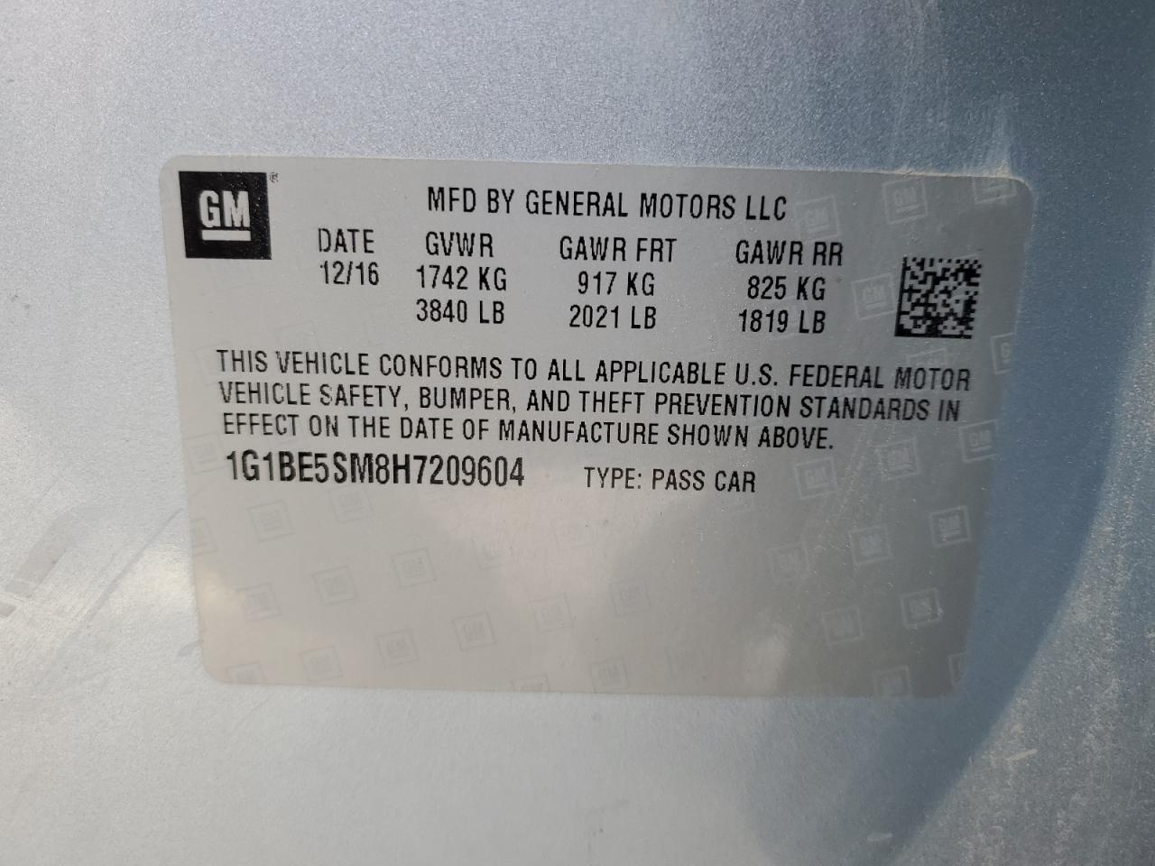 2017 Chevrolet Cruze Lt VIN: 1G1BE5SM8H7209604 Lot: 53510975