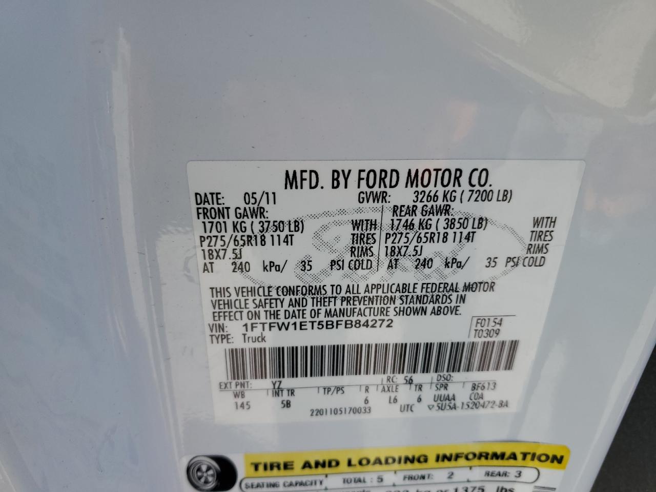 2011 Ford F150 Supercrew VIN: 1FTFW1ET5BFB84272 Lot: 54055395