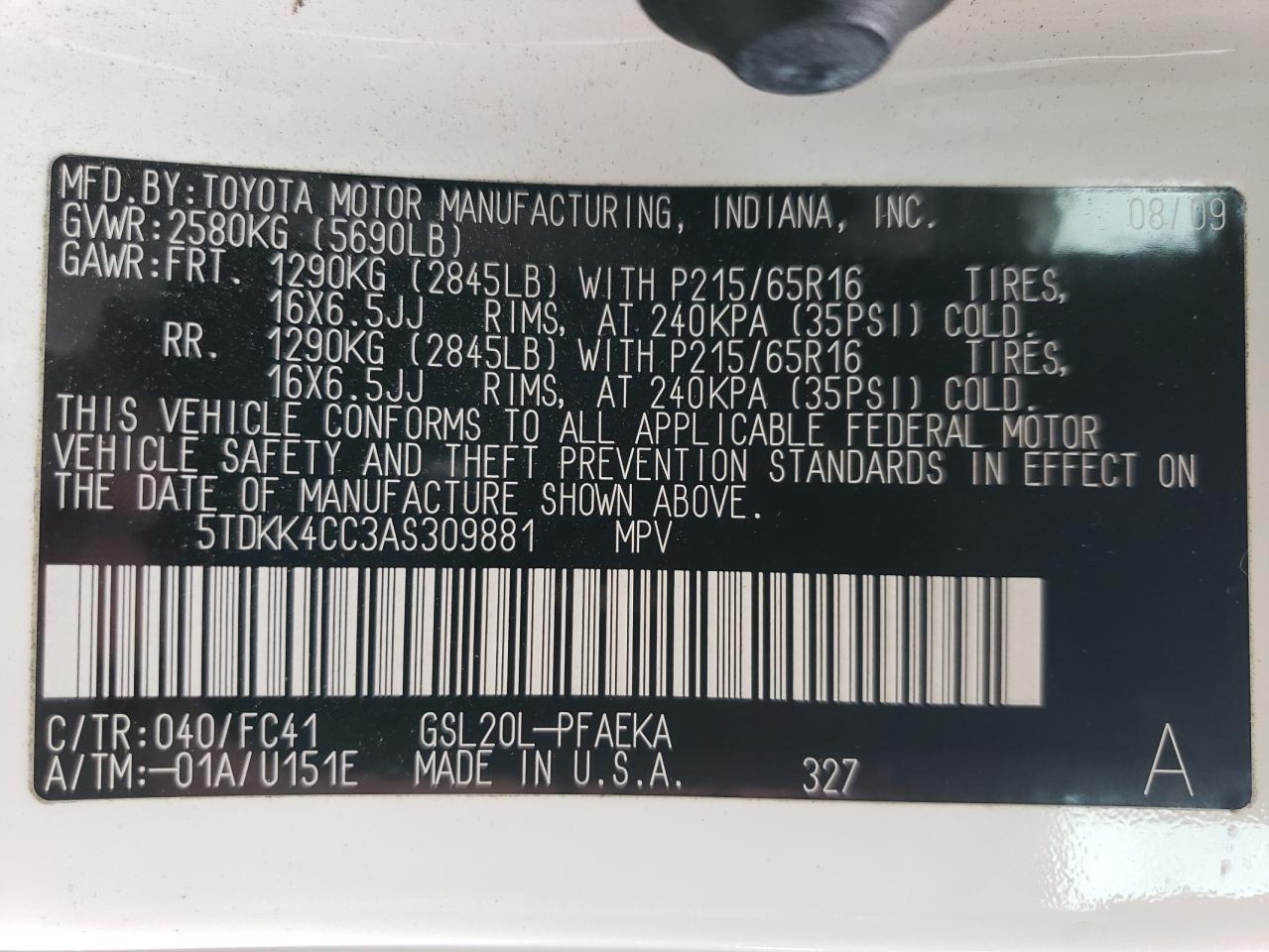 2010 Toyota Sienna Ce VIN: 5TDKK4CC3AS309881 Lot: 55334695