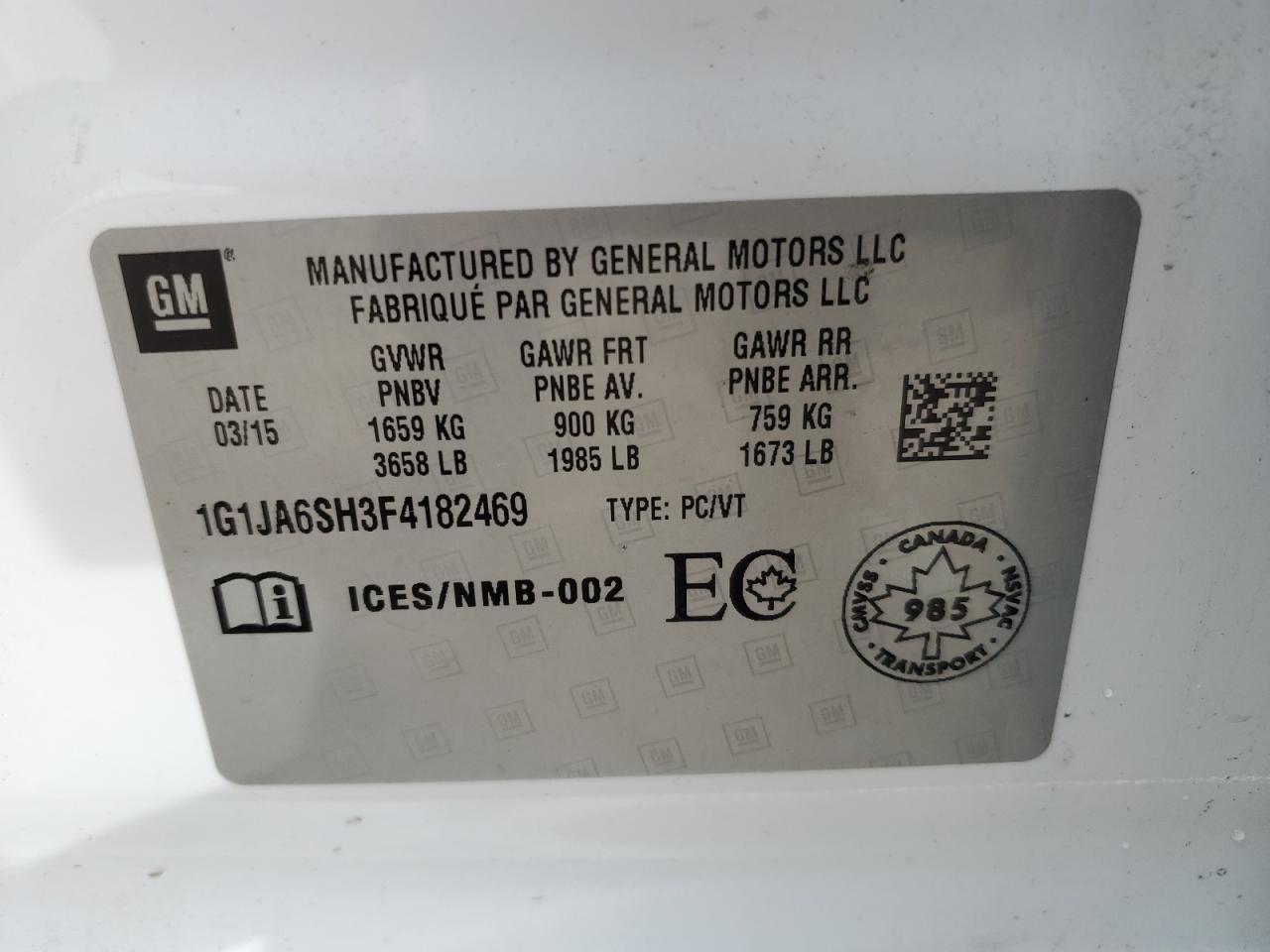 2015 Chevrolet Sonic Ls VIN: 1G1JA6SH3F4182469 Lot: 50693795