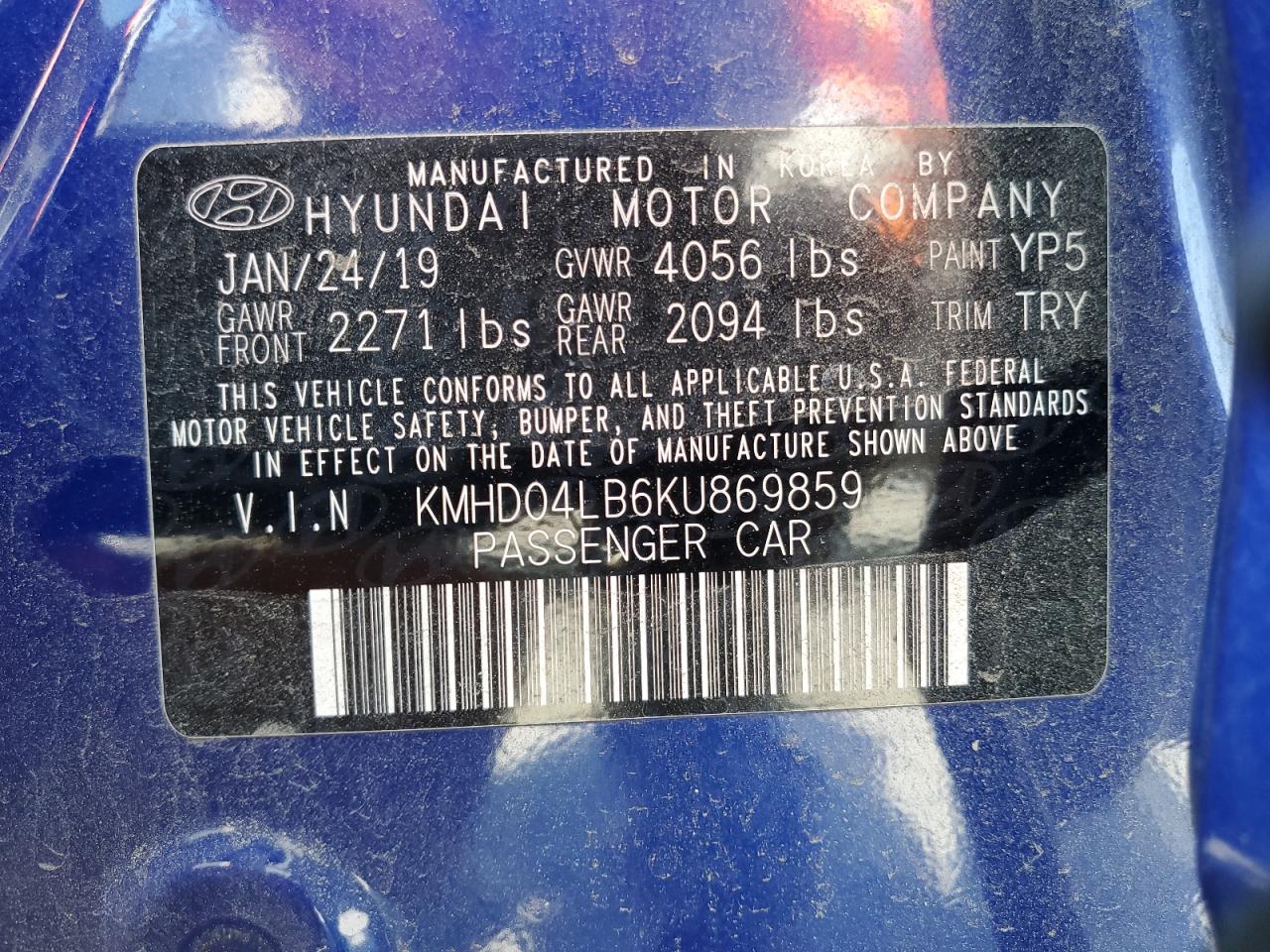 2019 Hyundai Elantra Sport VIN: KMHD04LB6KU869859 Lot: 55132625