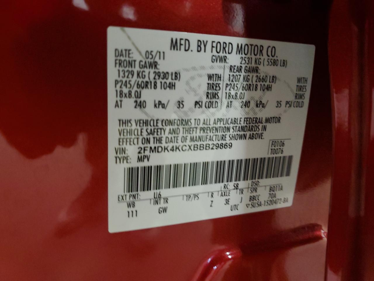 2011 Ford Edge Limited VIN: 2FMDK4KCXBBB29869 Lot: 54874215