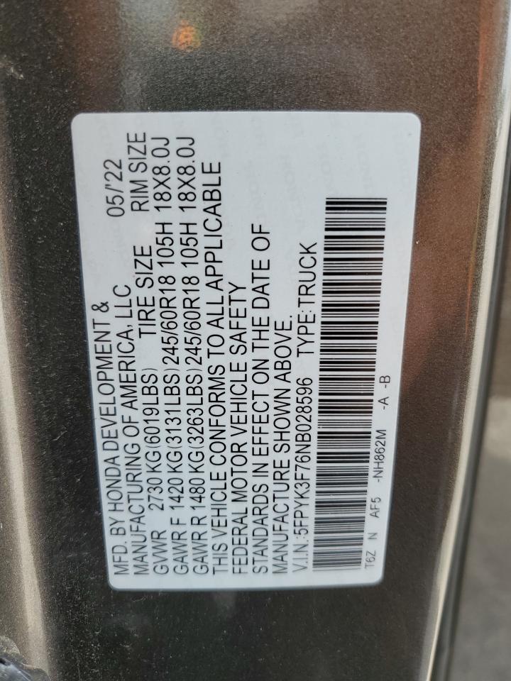 2022 Honda Ridgeline Rtl VIN: 5FPYK3F76NB028596 Lot: 54355175