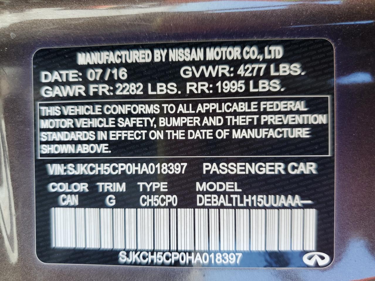 2017 Infiniti Qx30 Base VIN: SJKCH5CP0HA018397 Lot: 55046485