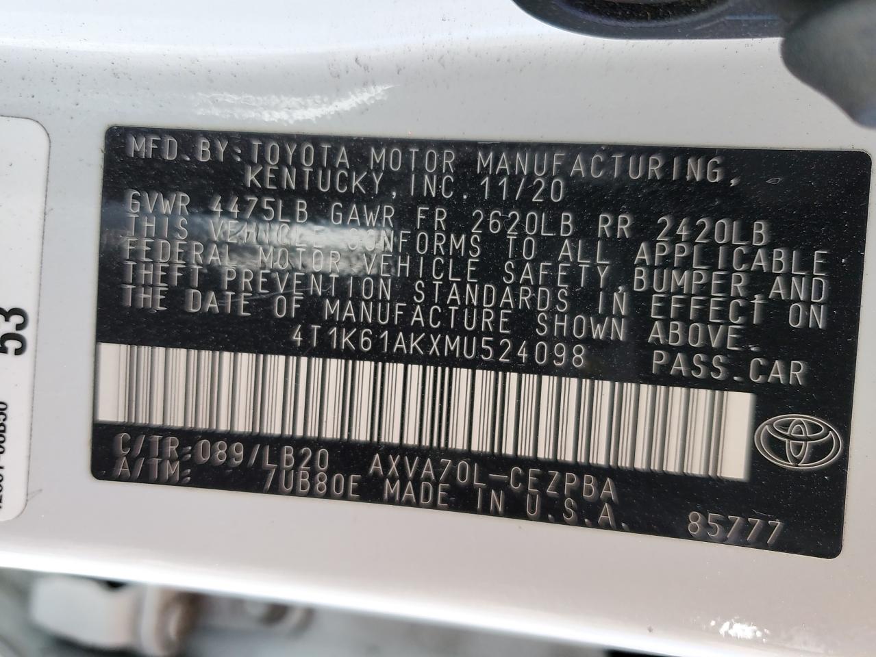 2021 Toyota Camry Xse VIN: 4T1K61AKXMU524098 Lot: 55258055